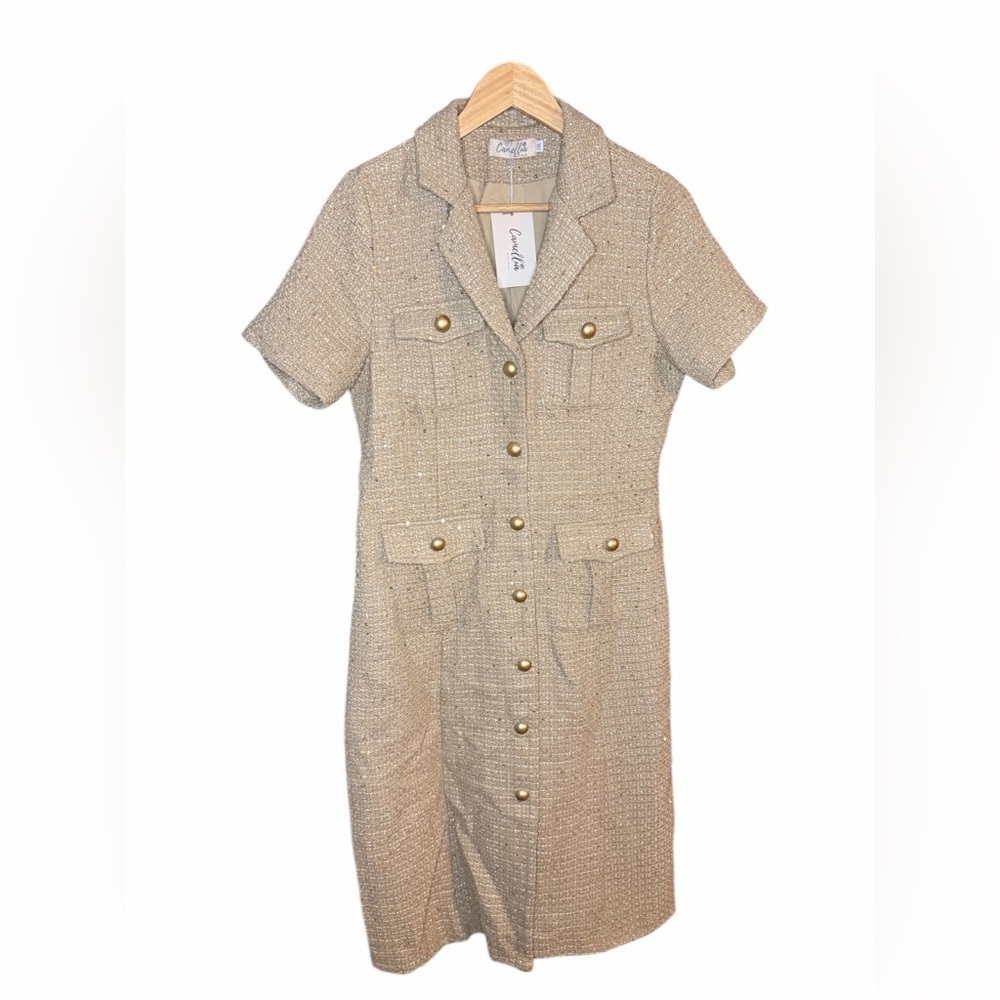 Beige Tweed Button-Down Dress - Picture 5 of 6